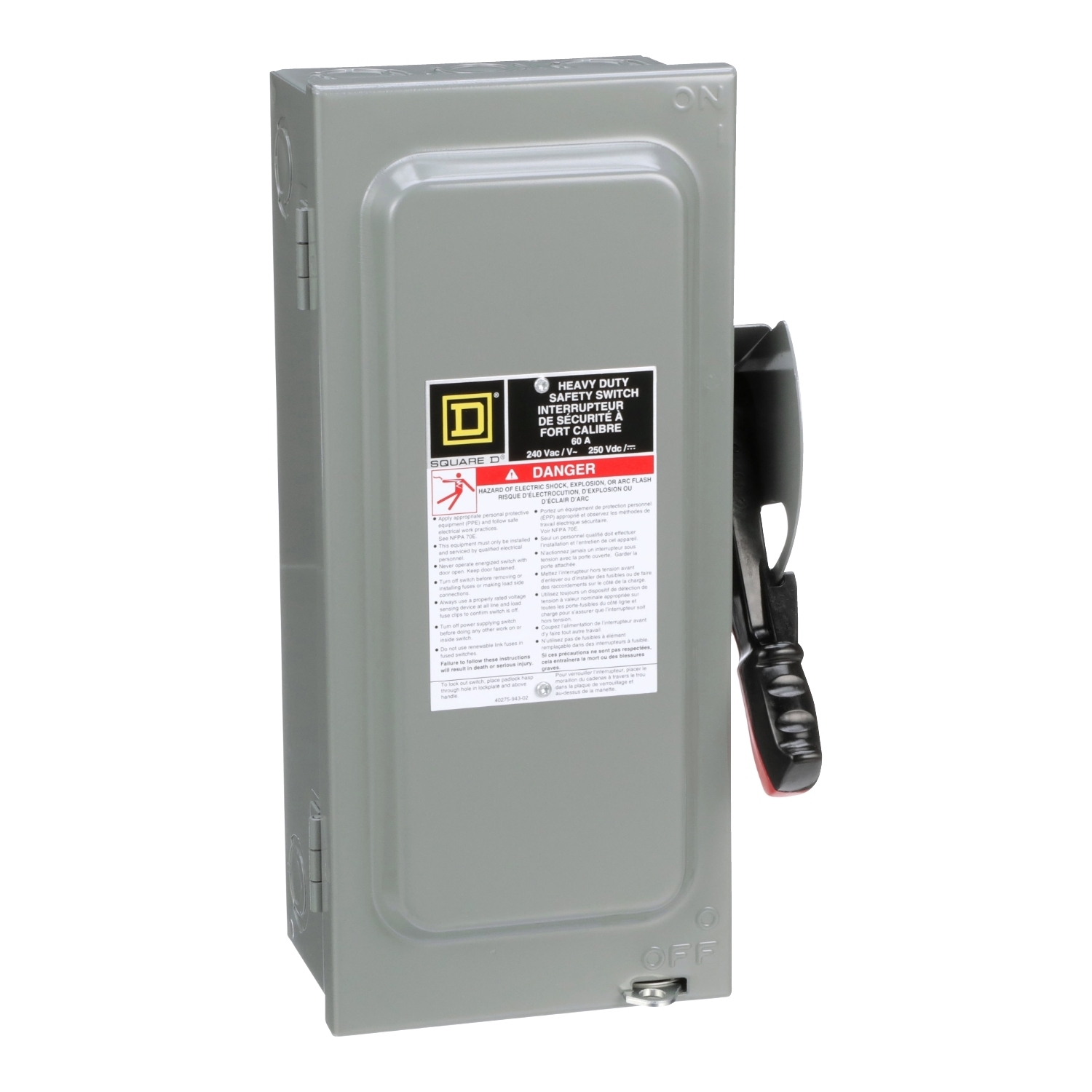Safety switch, heavy duty, fusible, 60A, 240VAC, 250VDC, 2 poles, 15HP, NEMA 1, neutral