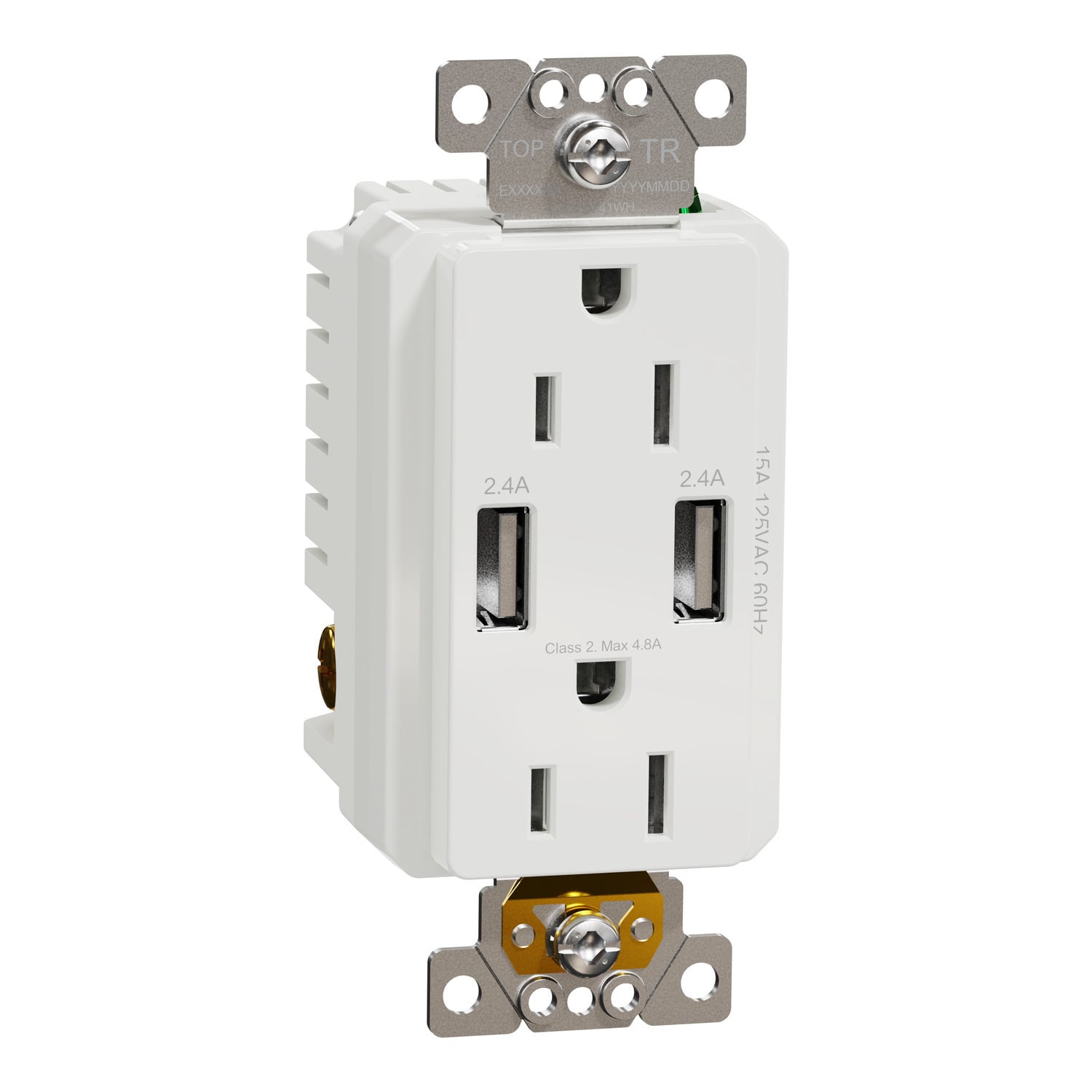 USB charger + socket-outlet, X Series, 15A socket, 4.8A USB A/A, duplex, tamper resistant, white, matte finish