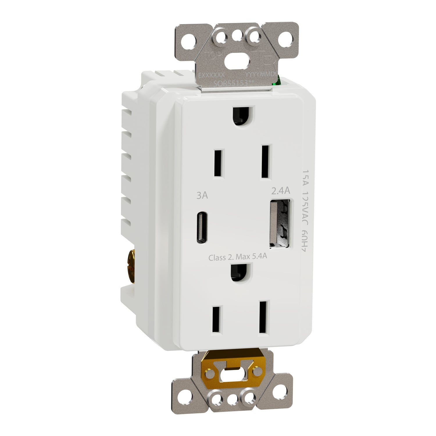 USB charger + socket-outlet, X Series, 15A socket, 5.4A USB A/C, duplex, tamper resistant, white, matte finish