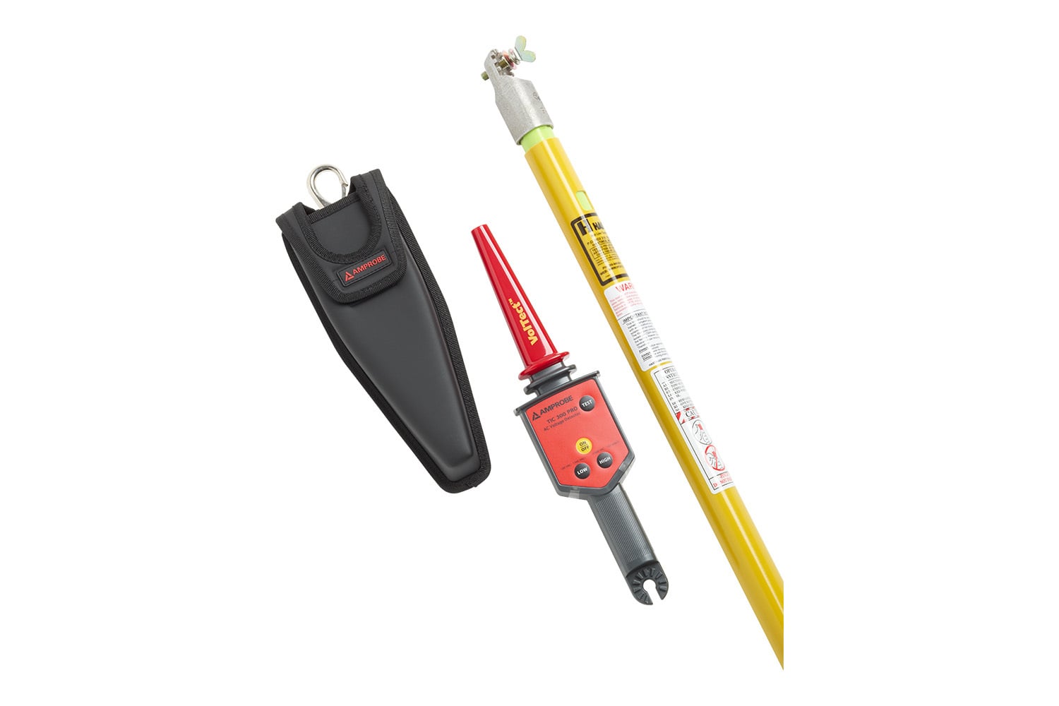 MSHA certified and intrinsically safe, the Amprobe TIC 300 PRO High Voltage Detector Kit is a rugged, reliable, non-contact, high voltage tester for utility, industrial, and mine safety applications up to 122kV. Select low or high voltage levels to verify the presence of voltage without contacting the energized conductor. When this high voltage electricity tester is moved within close proximity of an energized line, the intuitive VolTect alert warns users with bright flashing lights and loud beeps. All functionality is available through push buttons designed for easy use with PPE gloves. Includes a universal adapter Hot Stick TIC 410A is available for voltage higher than 1500 VAC.