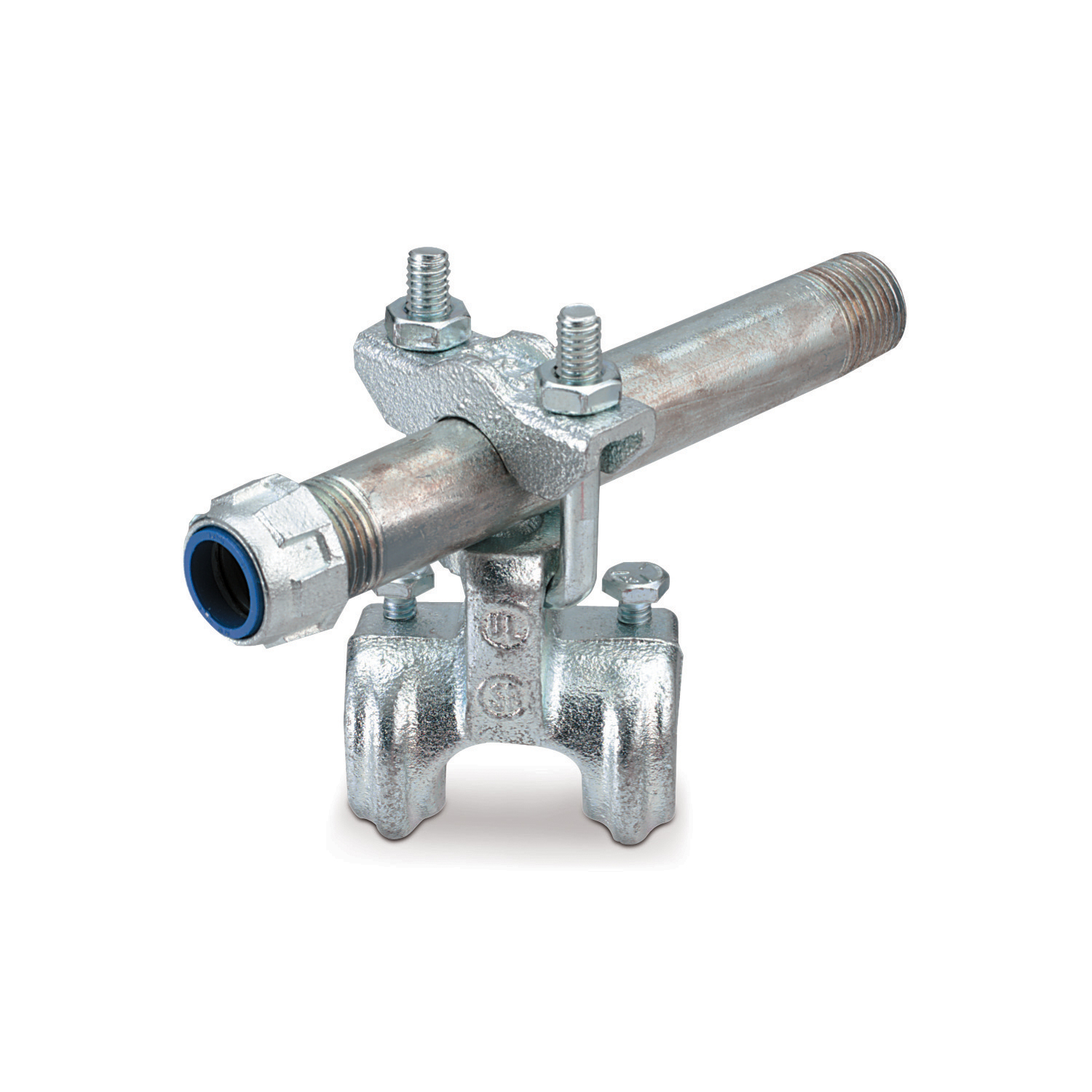 Malleable iron conduit to cable tray swivel clamp. Conduit size 3-1/2 inches - 4 inch.
