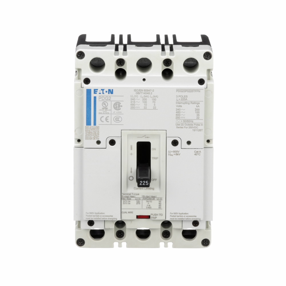 Eaton Power Defense molded case circuit breaker, Globally Rated, Frame 2, Three Pole, 30A, 65kA/480V, T-M (Fxd-Fxd) TU, Standard Line and Load (PDG2X3T100)