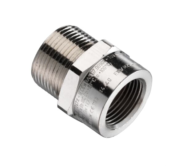 Adapter, Thread Converter, M63 Male Thread to 1-1/2 Inch NPT Female Thread, Suitable for Use in Zones 1, 2 , 21, and 22, Ex e and Ex d, UL1203, Nickel Plated Brass