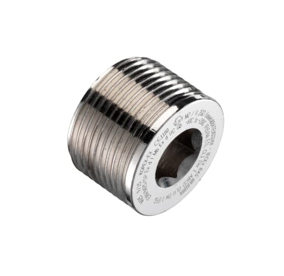 Stopping Plug, 1 Inch NPT Thread, Suitable for Use in Zones 1, 2 , 21, and 22, Exd I and Exd IIC, UL1203, Nickel Plated Brass