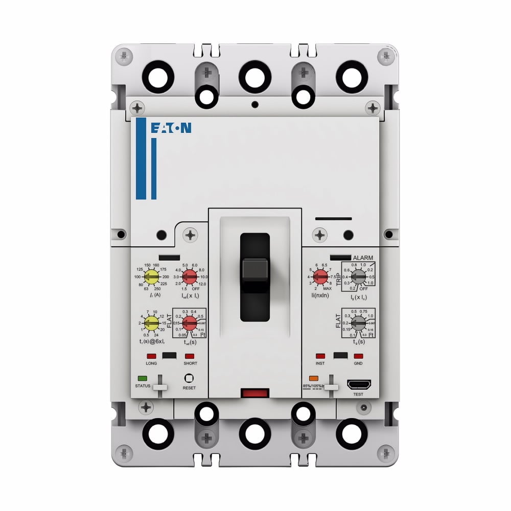 Eaton Power Defense molded case circuit breaker, Globally Rated, Frame 2, Three Pole, 225A, 100kA/480V, PXR20 LSI TU, Standard Line and Load (PDG2X3TA225)