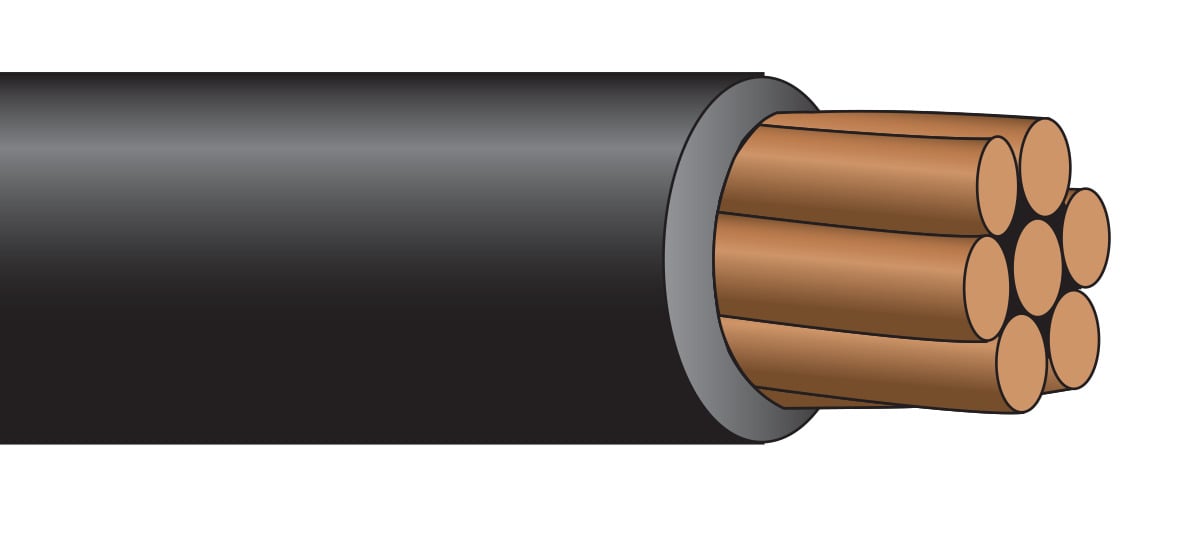 4 AWG USE-2 600V/1kV WE Single copper conductor, stranded and insulated with moisture, heat and flame resistant, chemically crosslinked polyethylene. Available in colors.  Suitable for use in general purpose wiring applications and may be installed in raceway, conduit, direct burial and aerial installations where a cable having superior flame retardance is required. Suitable for use in 105C dry systems. Also suitable for use in low leakage circuits requiring a dielectric constant of 3.5 or less (Hospital Grade).
