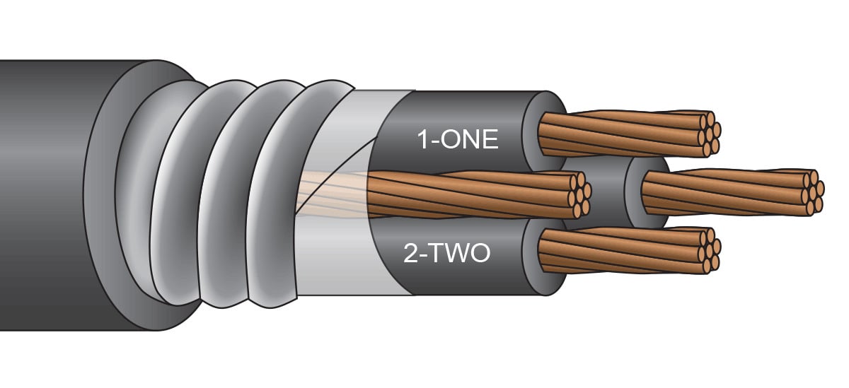 4/3 XHHW-2 AAP BCG Class B stranded copper, insulated with heat and moisture resistant crosslinked polyethylene (type XHHW-2), phase identified and cabled together with a ,bare copper ground conductor,.  Cable core covered with binder tape and aluminum or galvanized steel interlocked armor, with an overall PVC jacket.  Jacket available in colors.