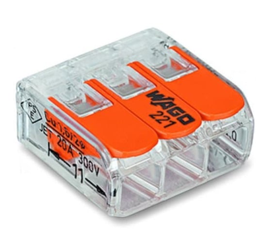LEVER-NUTS® splicing connector; 3-conductor with operating levers; 24-12 AWG; transparent housing; Box of 50 pieces