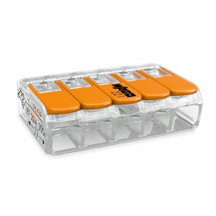 LEVER-NUTS® splicing connector; 5-conductor with operating levers; 24-12 AWG; transparent housing; Box of 25 pieces