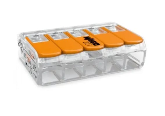 LEVER-NUTS® splicing connector; 5-conductor with operating levers; 24-12 AWG; transparent housing; Bag of 1,000 pieces