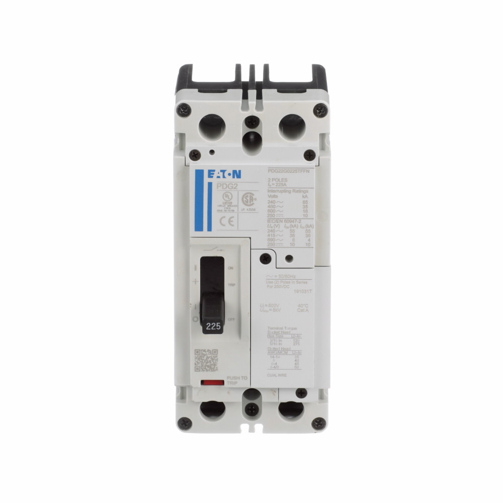 Eaton Power Defense molded case circuit breaker, Globally Rated, Frame 2, Two Pole, 20A, 35kA/480V, T-M (Fxd-Fxd) TU, Standard Line and Load (PDG2X2T100)