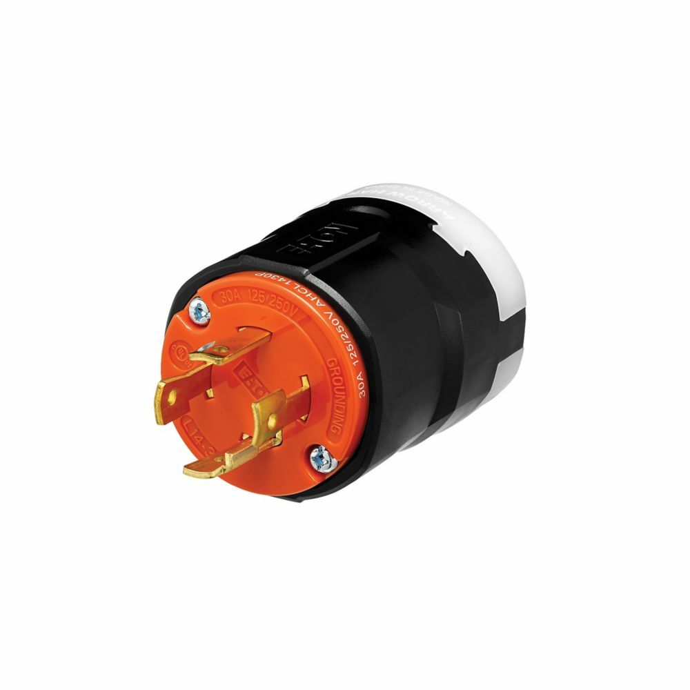 Eaton Arrow Hart Color Coded Locking Plug, #14-8 AWG, 30A, Industrial, 125/250V, Back, Orange, Black, Ultra grip, Nylon, L14-30, Three-pole, Four-wire, Nylon, 0.38 - 1.16" (9.5 - 29.5mm), -40C (w/o impact) to 60C (-40F to 140F)