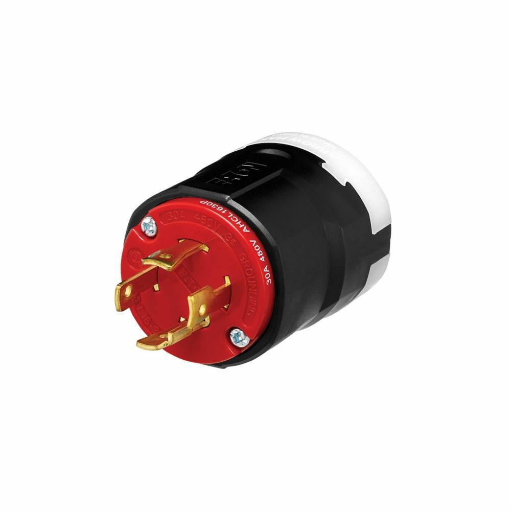 Eaton Arrow Hart Color Coded Locking Plug, #14-8 AWG, 30A, Industrial, 480 V, Back, Red, Black, Ultra grip, Nylon, L16-30, Three-pole, Four-wire, Nylon, 0.38 - 1.16" (9.5 - 29.5mm), -40C (w/o impact) to 60C (-40F to 140F)
