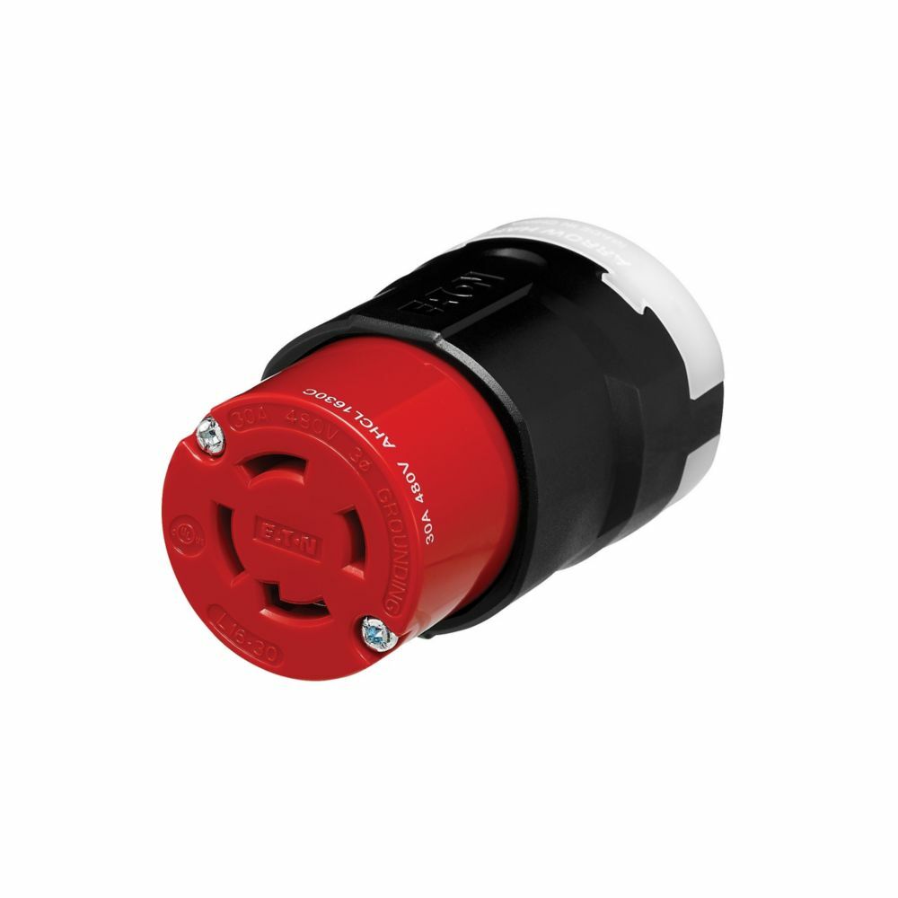 Eaton Arrow Hart Color Coded Locking Connector, #14-8 AWG, 30A, Industrial, 480 V, Back, Red, Black, Ultra grip, Nylon, L16-30, Three-pole, Four-wire, Nylon, 0.38 - 1.16" (9.5 - 29.5mm), -40C (w/o impact) to 60C (-40F to 140F)