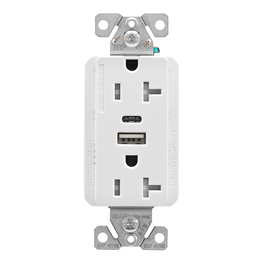Eaton Combination USB Type AandC Charger, 20A 5-20R Receptacle, White, USB, Brass, Thermoplastic, Flush, Two-pole, Three-wire, Tamper resistant, Decorator, 125V