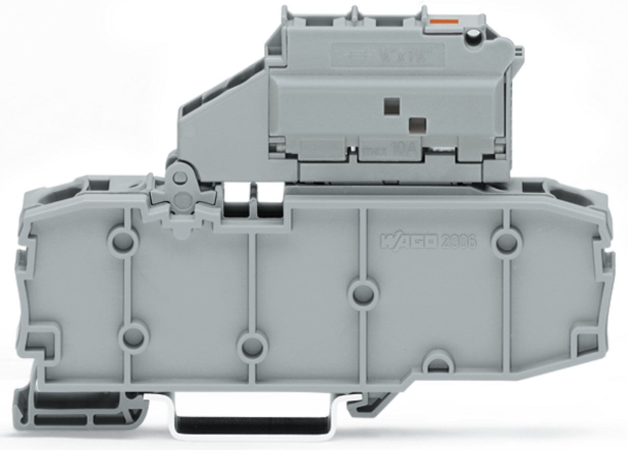 2-conductor fuse terminal block; with pivoting fuse holder; with end plate; for glass cartridge fuse " x 1"; with blown fuse indication by LED; 120 V; for DIN-rail 35 x 15 and 35 x 7.5; 6 mm; Push-in CAGE CLAMP; 6,00 mm; gray