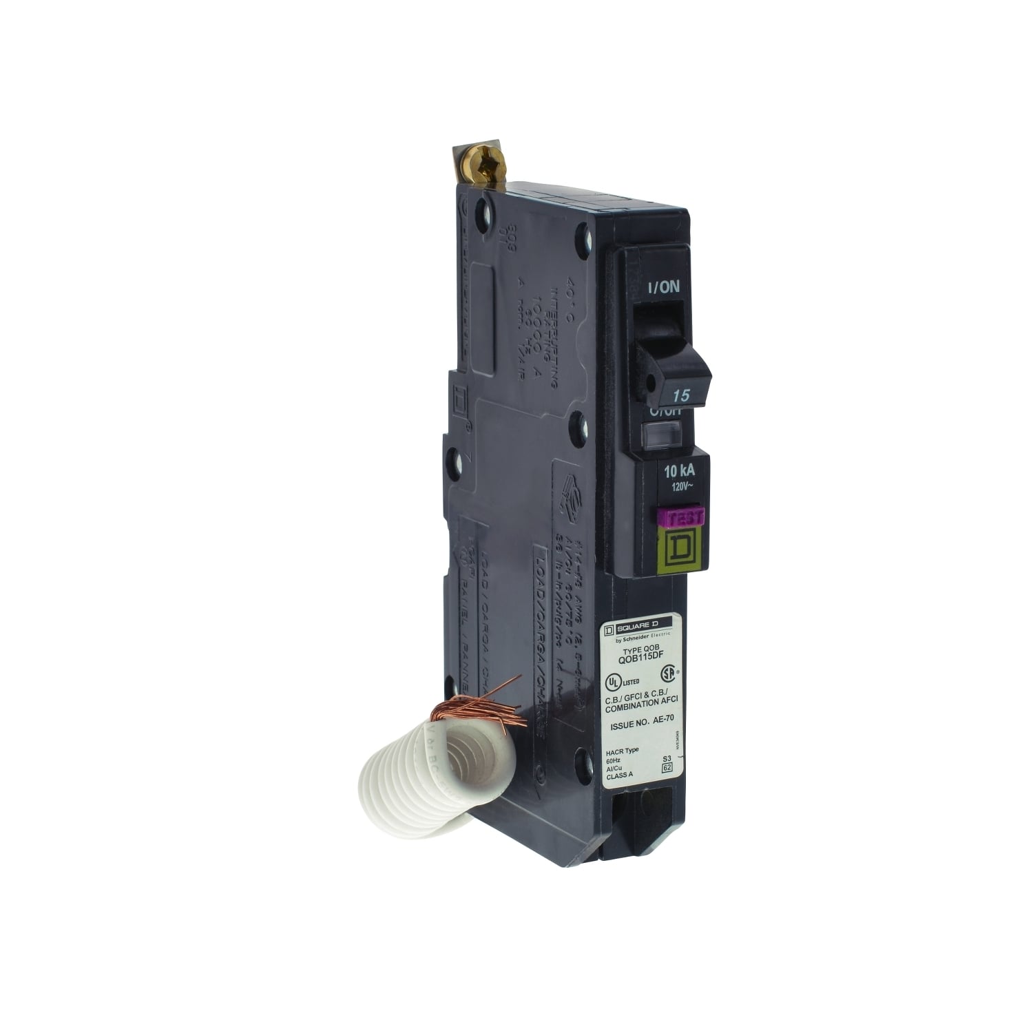 Mini circuit breaker, QO, 15A, 1 pole, 120VAC, 10kA, bolt on, dual function, pigtail [TAA]