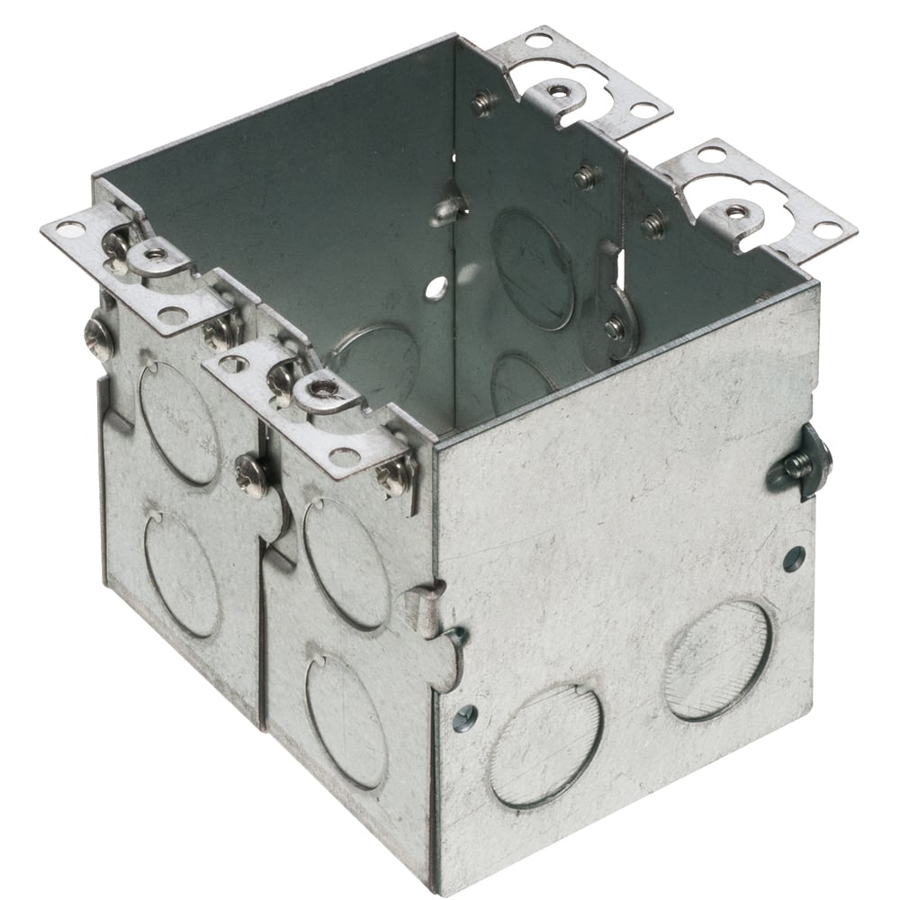Steel two gang floor box, features (14) 1/2" knockouts. 36.0 cu. in.