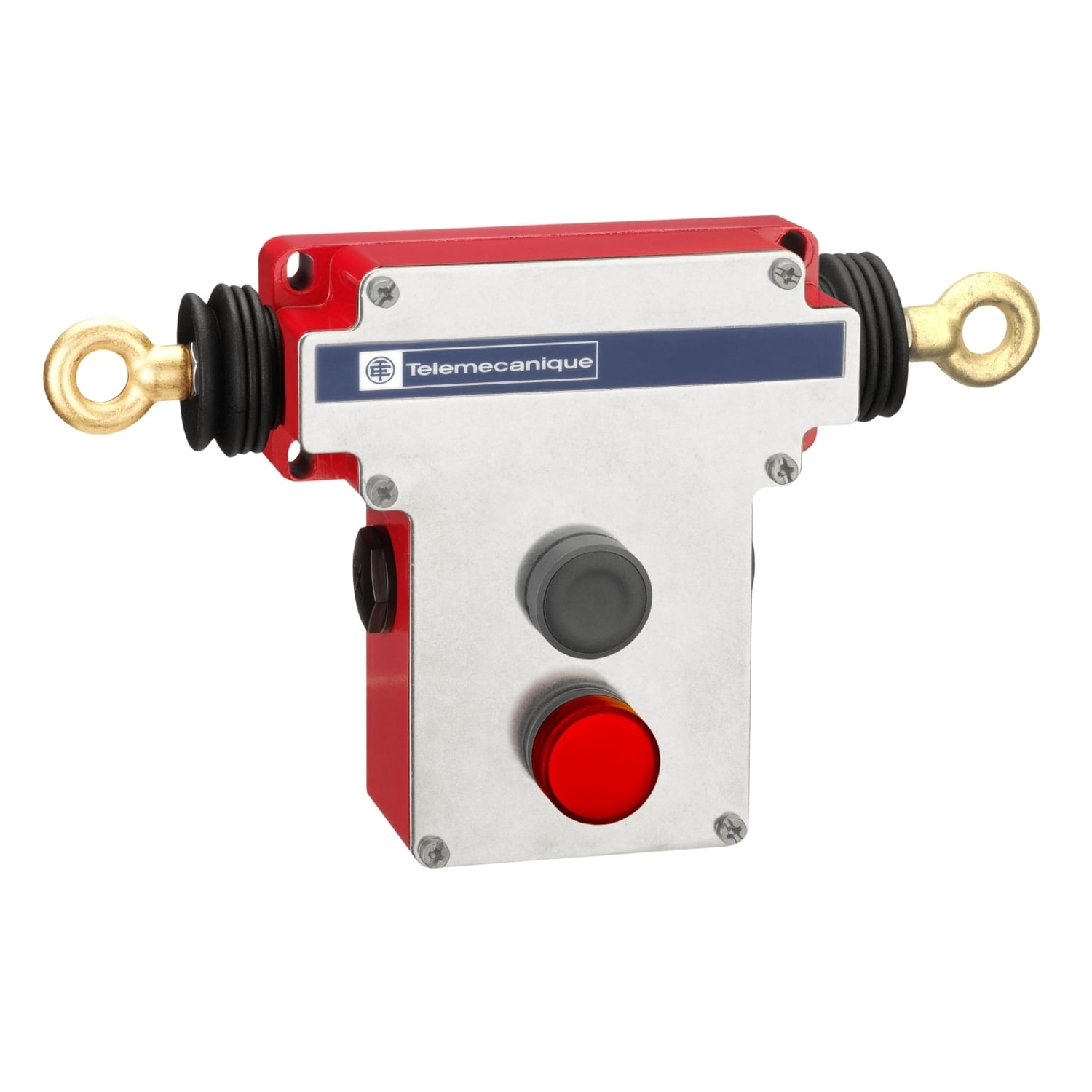 Dual emergency stop rope pull switch, Telemecanique rope pull switches XY2C, e 2x(1NC+1NO), 1/2" NPT, flush pb, pilot light