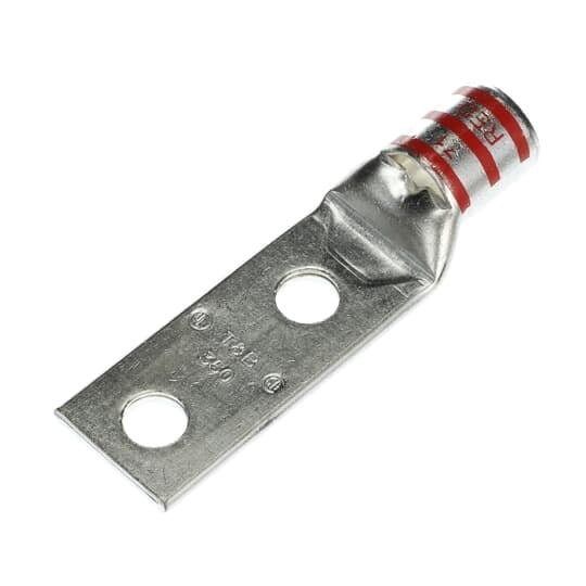 Copper Two-Hole Lug, Standard Barrel, Peep Hole, Max 35kV, Wire Size 350 kcmil, 1/2 Inch Bolt Size, 1-3/4 Inch Hole Spacing, Tin Plated, Die Code 71, Die Color Code Red