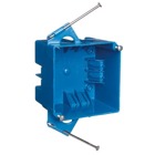 Square New Work Outlet Box, Volume 32 Cubic Inches, Length 4 Inches, Width 4 Inches, Depth 2-5/8 Inch, Color Blue, Material Thermoplastic, Mounting Means Captive Nails