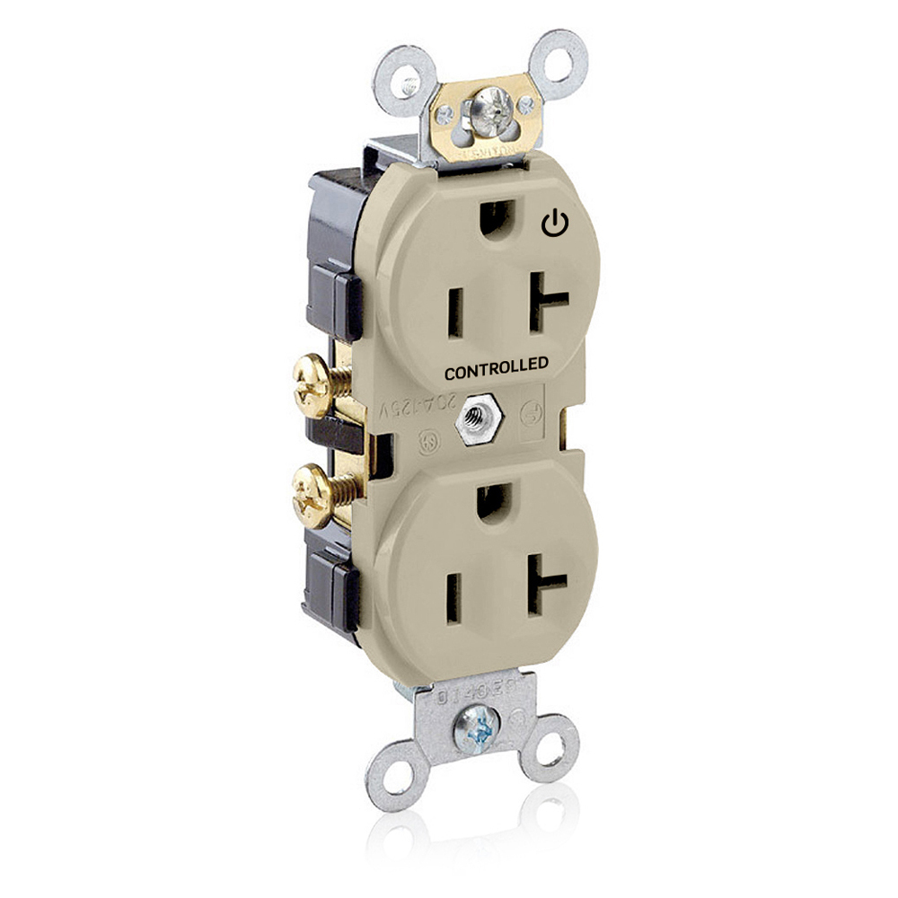 Duplex Receptacle. 2-Pole 3-wire. 20A-125V. Snap On Flat Face Cover. Nema 5-20R. Side Wire Only. Commercial Grade Hot Terminal Split W/1 Plug Controlled Markings - Light Almond