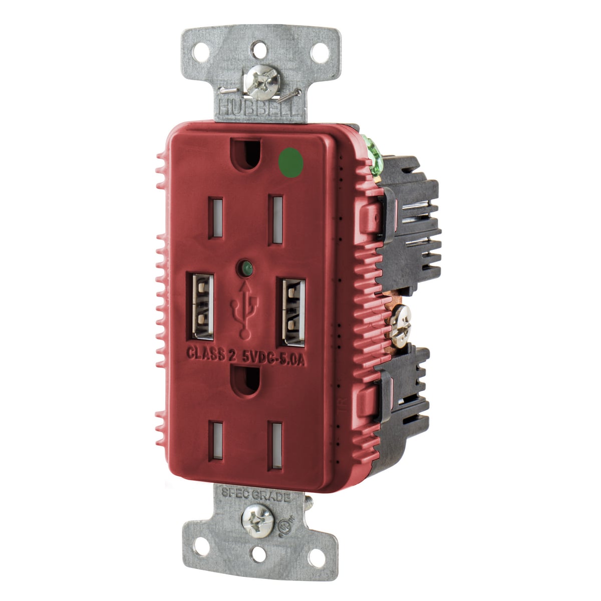 USB Charger Duplex Receptacle, HospitalGrade, 15A 125V, 2-Pole 3-Wire Grounding, 5-15R, 2) 5A "A" USB Ports,Red