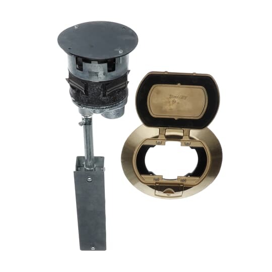 Poke-Through Base Unit, 4 Inch Drill Size, 19 Inch Length, Hub Size 1/2 Inch and 1 Inch, Galvanized Steel, with 4 20A Power Receptacles and 4 Cat-5e Data Jacks with Device Plates, Base with Brass Cover