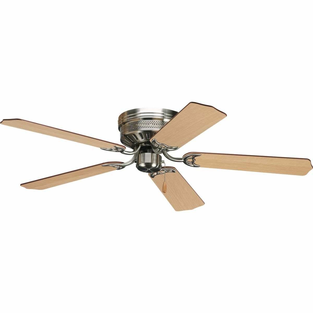 52 in indoor hugger fan with 5 reversible Cherry/Natural Cherry blades, Brushed Nickel finish, and 11 degree pitch. Hugger style housing permits fan installation on lower ceilings. Powerful AirPro motor features 3-speed control that can also be reversed to provide year-round comfort. Includes a 15-year warranty and is compatible with universal light kits. Select from one of our stylish lighting options to fully coordinate your decor. Can be used to comply with California Title 20.