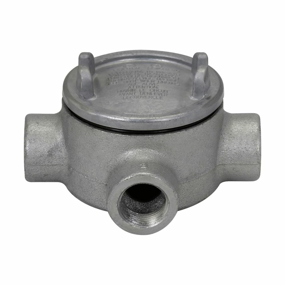 Eaton Crouse-Hinds series Condulet GUA conduit outlet box with cover, 5" cover opening diameter, Feraloy iron alloy, T shape, 2"