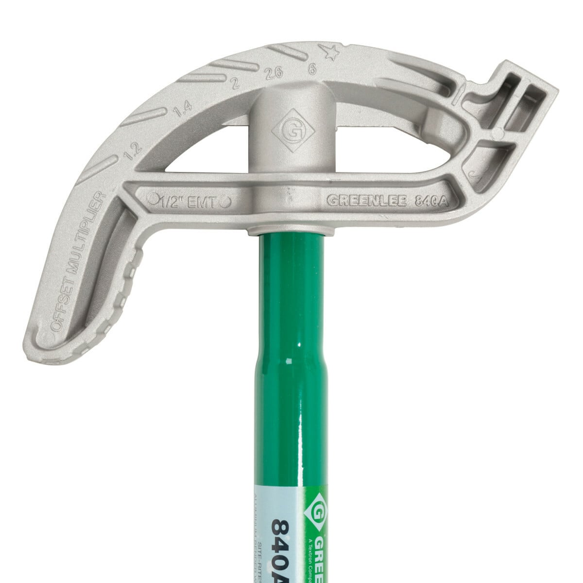 Site-Rite Aluminum Hand Bender Head with Handle for 1/2" EMT.  Sighting system featuring cast-in, readable markings on the bender heads and a finish that provides for the best visibility in low-light.  Strong, stable square hook design.  1-1/2" bender heads both offer the power pedal feature with a larger foot area on the head for greater control, stability and leverage.  Bender head has enlarged foot pedal and increased toe room to ensure greater control, stability and leverage.  Bender handle has a consistent diameter, offering a bigger grip area, while still straight up and down for fast 30 degree bends.  Lifetime Limited Warranty.