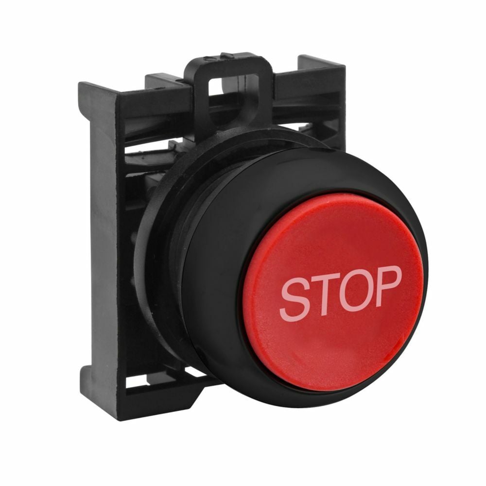 Eaton 22.5 mm RMQ-Titan Pushbutton,STOP,Red Actuator,Black bezel,IP67, IP69K,Non-illuminated,Flush mounting,NEMA 4X, 13,5,000,000 operations,Momentary,22.5 mm,Flush Pushbutton,M22