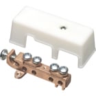 Intersystem grounding bridge, has 4 termination points, one more than required by the NEC. Cable range 4 termination points for #4 to #14 solid or stranded. Attaches to grounding conductor with lay in style lug with a cable range of #6 to #2 grounding wire solid or stranded. Bronze with white Cover.