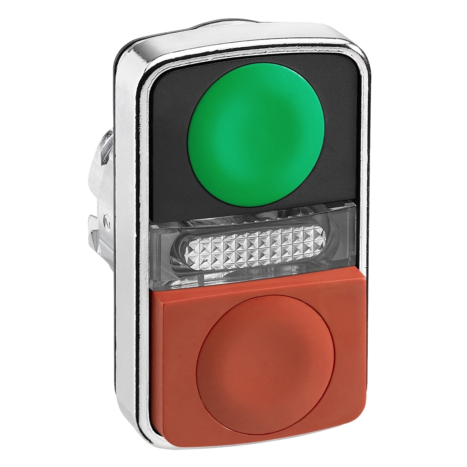Illuminated double headed push button head, Harmony XB4, metal, 22mm, 1 green flush + 1 pilot light + 1 red projecting, unmarked