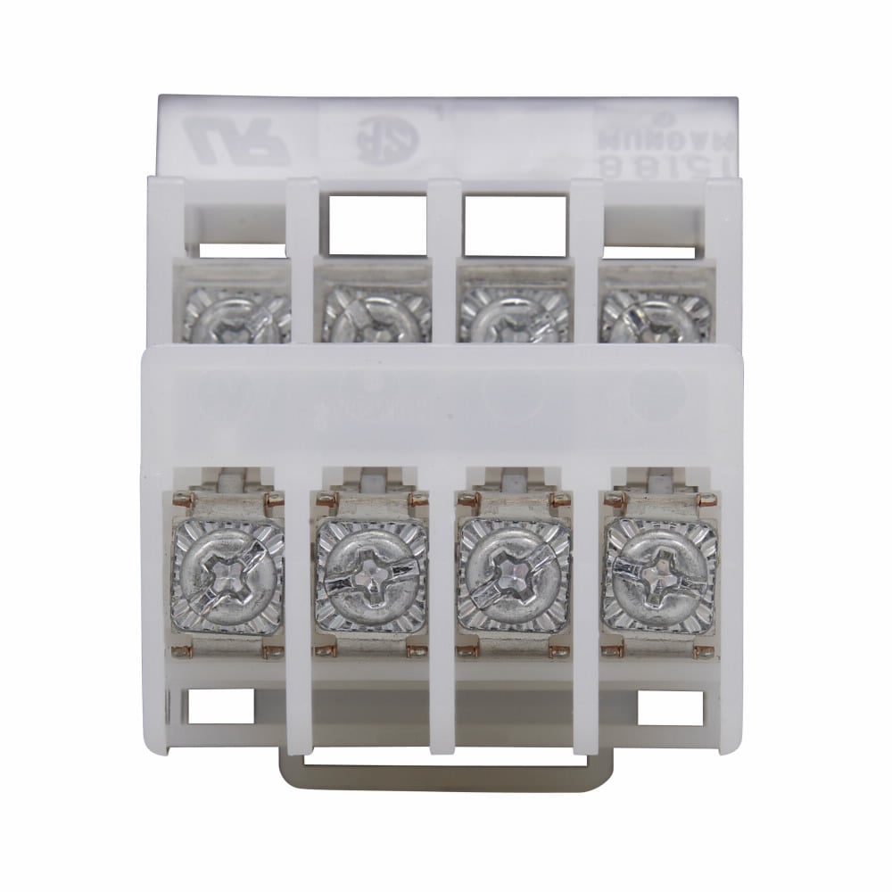 Eaton Bussmann series 15188 depluggable DIN terminal block, Reverse wiring, locking strap, 600V, 30A, Four-pole, #6-32 TPI Screw, White