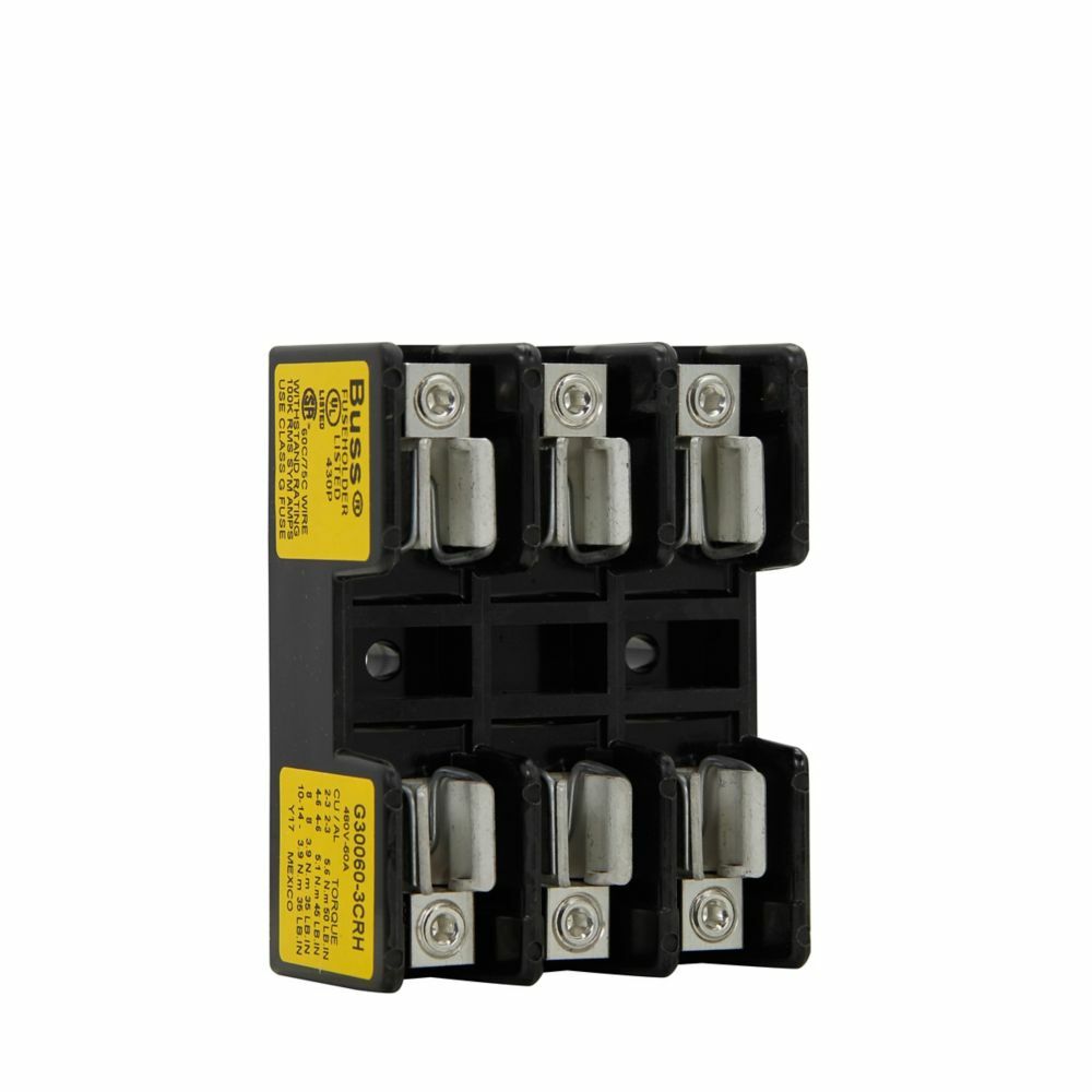 Eaton Bussmann series G open fuse block, CRH, 35-60 A, Three-pole, Class G, Box lug/retaining clip, Phenolic, 480 V, For use with SC fuse, #8-2 AWG Al, #14-2 AWG Cu