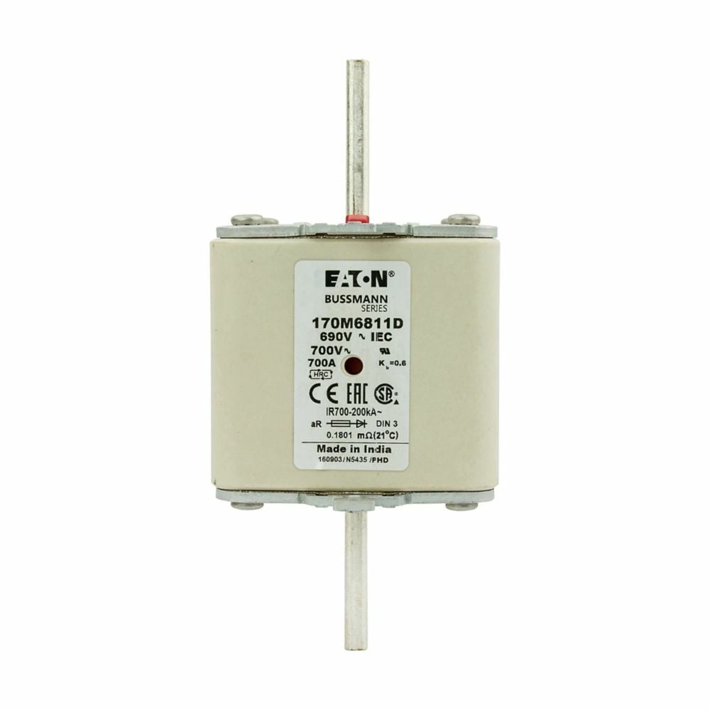 Eaton Bussmann series high speed square body fuse, 690V, 700A, 200 kAIC, Combination fuse status indicator, Fuse, Din 43-620 blade end X Din 43-620 blade end, Class aR