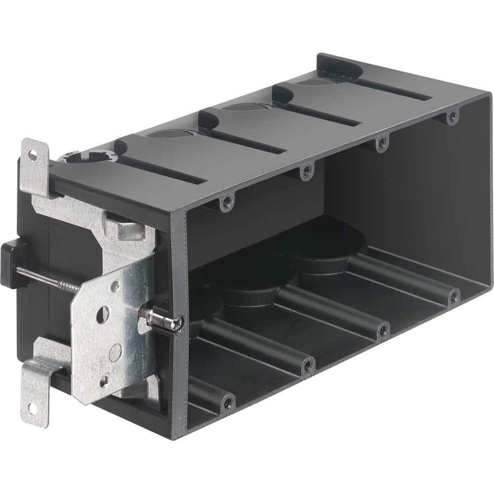 Non-Metallic box for new construction. Adjustable for wall thicknesses from 1/4" to 1-1/2". Four Gang, Vertical, 87.0 cu. in. With Grounding Clip