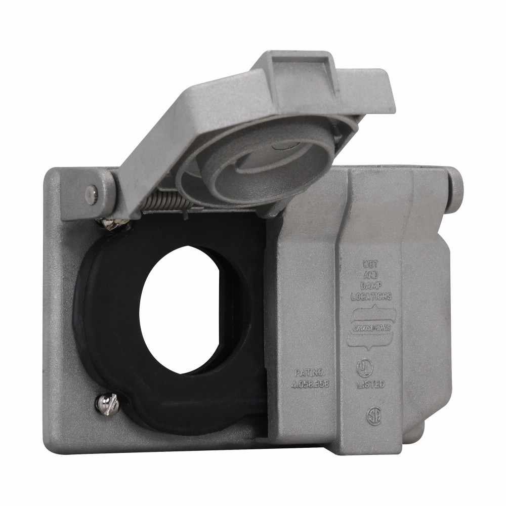 Eaton Crouse-Hinds series WLRD wet location cover with receptacle assembly, 20A, Two-pole, three-wire, Copper-free aluminum, Horizontal, 6-20R, 1-3/8", For non-locking blade plugs, 250 Vac