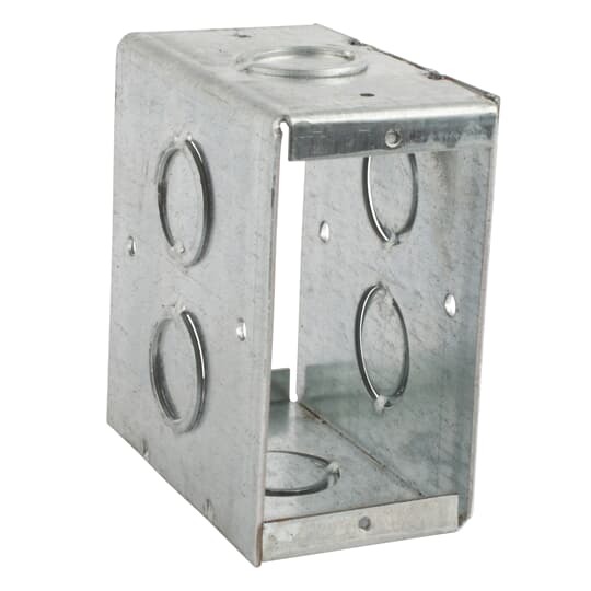Thru-Wall Box for Concrete Block, 24 Cubic Inches, 3-11/16 Inches Long x 2-1/8 Inches Wide x 3-1/2 Inches Deep, 1/2 Inch and 3/4 Inch Concentric Knockouts, Galvanized Steel, For use with Concrete Block