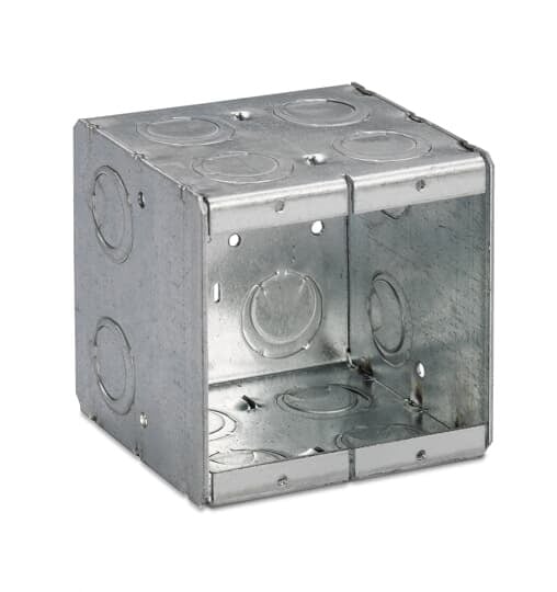 Two Gang Masonry Box, 46.8 Cubic Inches, 3-3/4 Inches Long x 3-3/4 Inches Wide x 3-1/2 Inches Deep, 1/2 Inch and 3/4 Inch Concentric Knockouts, Galvanized Steel, Welded Construction, For use with Conduit