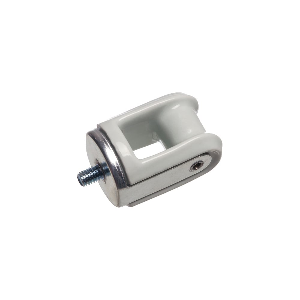 Porcelain and Galvanized Steel wire holder with riveted screw through head. Screw Size - 3/8" x 1/2" machine screw. Rivet strap on.