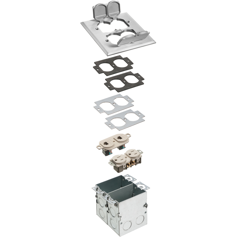Arlington FLB5552NL 2 Gang Combo Floor Outlet Box Kit; 5.018 Inch Width x 3.764 Inch Depth x 5.018 Inch Height, Plastic Box, Nickel-Plated Cover