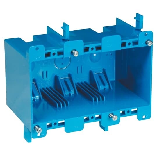 Three-Gang Old Work Outlet Box, Volume 55 Cubic Inches, Length 5.72 Inches, Width 2.79 Inches, Depth 3.69 Inches, Color Blue, Material PVC, Mounting Means Mounting Ears and Two Swing Clamps