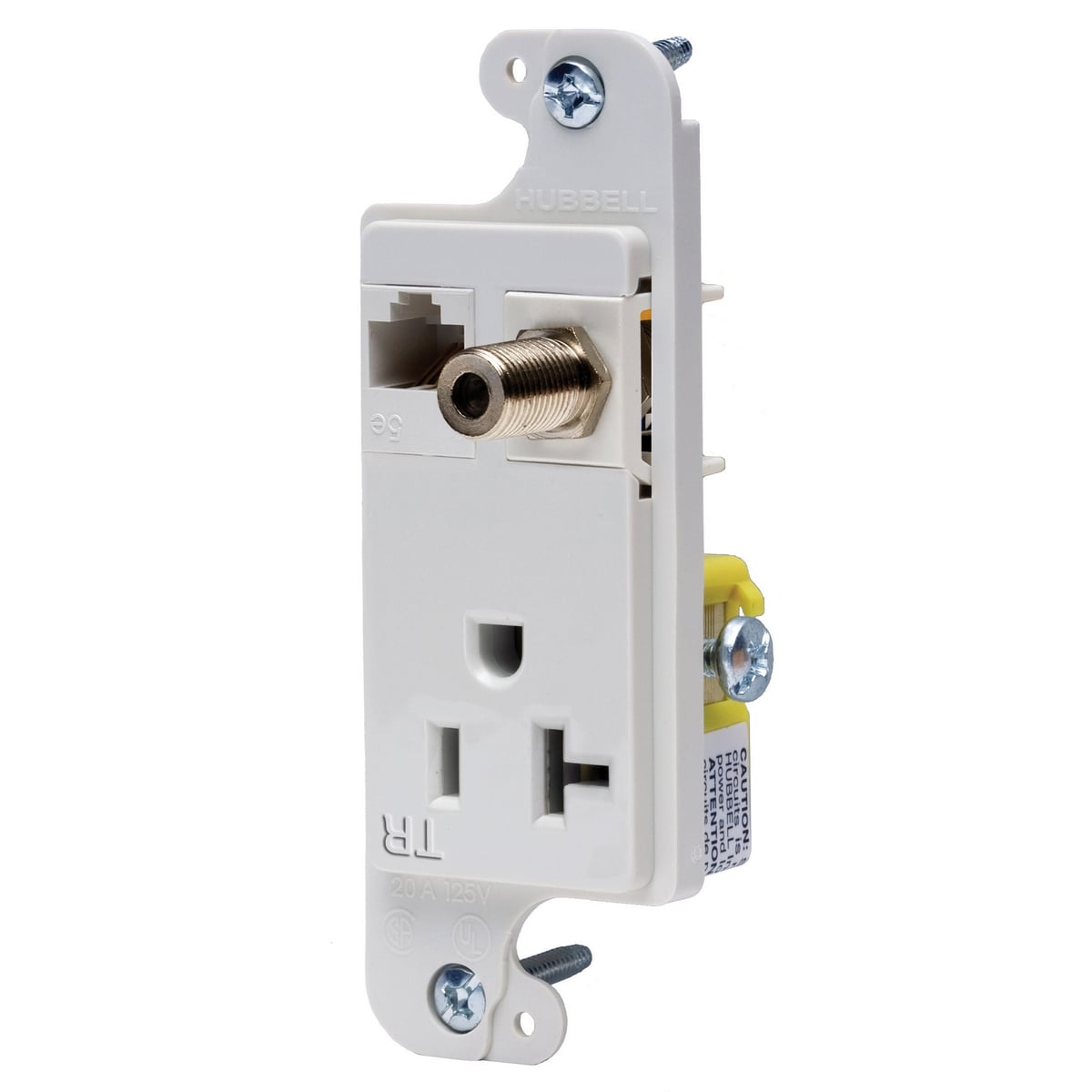 J-Load Media Outlet, 20A 125V Tamper Resistant Receptacle, Cat 6 Jack, F Coax, Decorator Frame, White