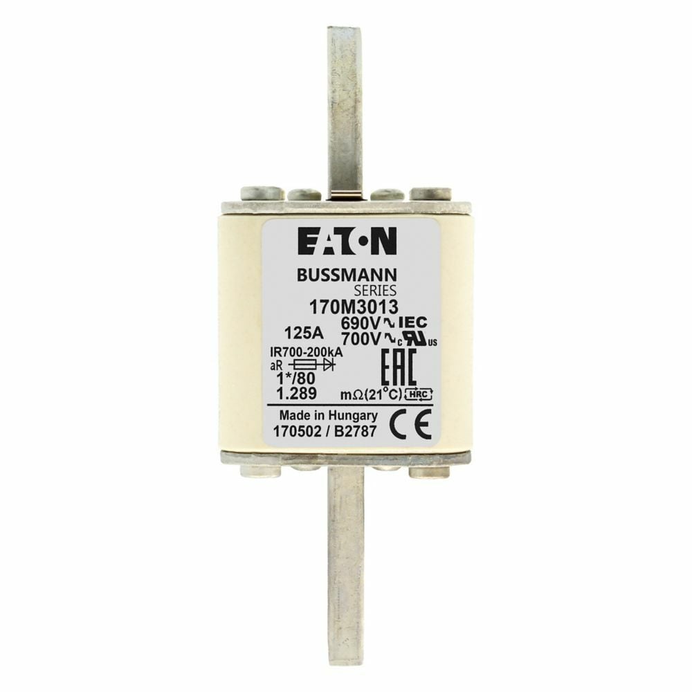 Eaton Bussmann series high speed square body fuse, 700V (UL), 690V (IEC), 125A, 200 kAIC, Top fuse status indicator, Fuse, Blade end X blade end, Class aR, DIN 43 620 - 170M3013