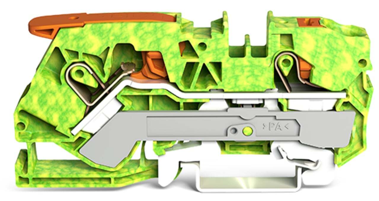 2-conductor ground terminal block; with lever and push-button; 10 mm; with test port; side and center marking; for DIN-rail 35 x 15 and 35 x 7.5; Push-in CAGE CLAMP; 10,00 mm; green-yellow