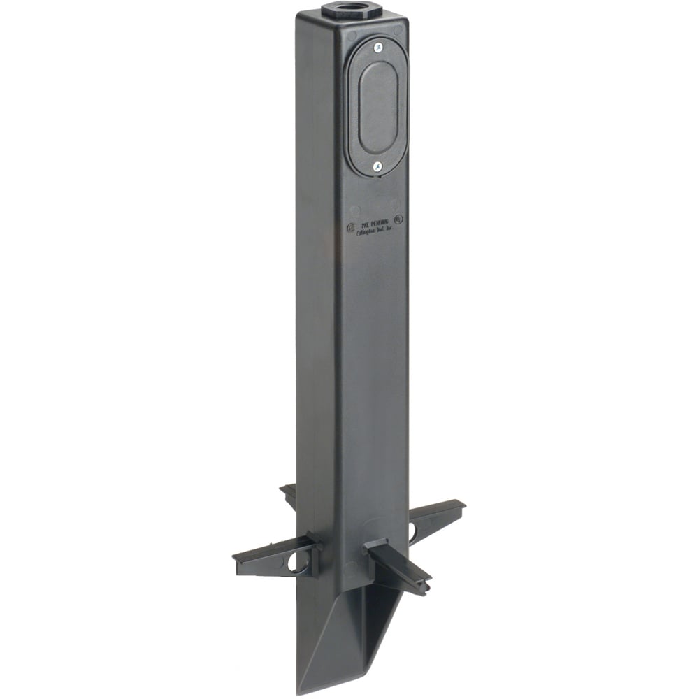 Gard-N-Post. 19" support for three wire outdoor light fixtures. Comes with 3/4" NPT threaded opening and an installed 3/4" by 1/2" non metallic reducing bushing. For use with 1/2" or 3/4" NPT fixtures. Color Black. Color permanent, no chipping. Built in stabilizers for extra stability. Openings in stabilizers allow for insertion of extra support material. Angle Cut post for easy access to underground wiring.