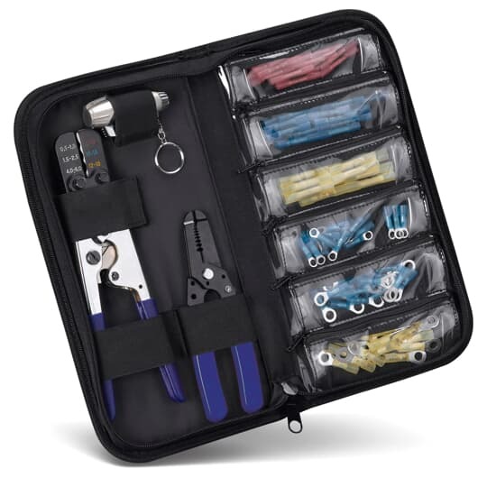 Heat Shrink Terminal Kit with Tools, Wire Stripper, and Heat Torch.  Includes (20) 2RAS18X, (20) 2RBS14X, (15) 2RCS10X, (20) RBS14-10X, (20) RBS14-8X, (15) RCS10-14X.