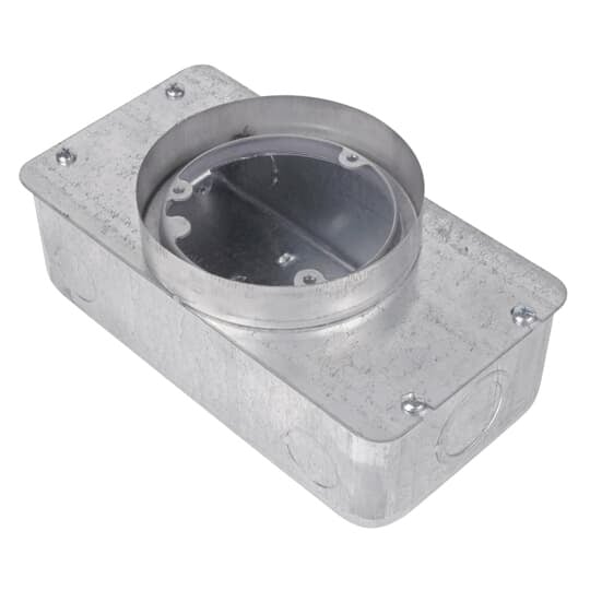 Two Gang Recessed Service Floor Box, 90 Cubic Inches, Length 8-13/16 Inches, Width 4-11/16 Inches, Depth 3-5/8 Inches, 3/4 Inch and 1-1/4 Inch Knockouts, Galvanized Steel, Wiring Device Duplex and or Data/Voice